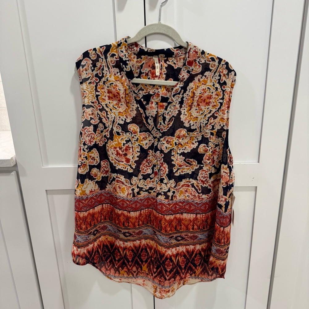 Live4Truth NWT Sample Top Floral Sleeveless sheer blouse- Black and Orange sz 2X